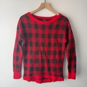 Express Women's Buffalo Plaid Wool Blend Crew Neck Sweater Top Red Black X-Small